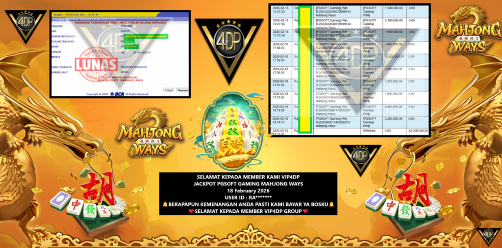 VIP4DP JACKPOT PGSOFT GAMING MAHJONG WAYS Rp.32.000.000,- LUNAS