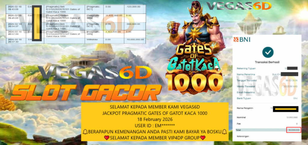 VEGAS6D JACKPOT PRAGMATIC GATES OF GATOT KACA 1000 Rp.10.000.000,- LUNAS
