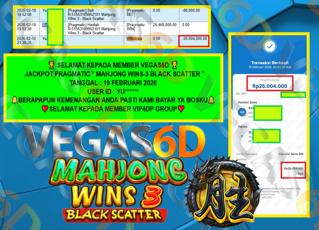 VEGAS6D JACKPOT PRAGMATIC MAHJONG WINS-3 BLACK SCATTER Rp.25.004.000,- LUNAS