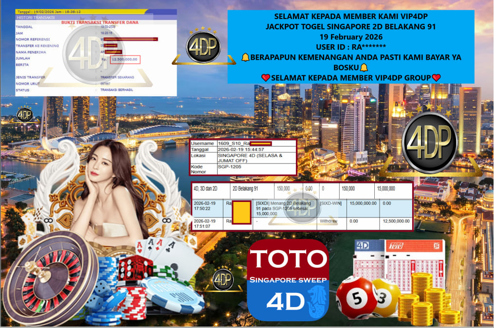 VIP4DP JACKPOT TOGEL SINGAPORE 2D BELAKANG 91 Rp.12.500.000,- LUNAS