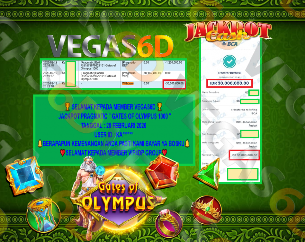 VEGAS6D JACKPOT PRAGMATIC GATES OF OLYMPUS 1000 Rp.30.000.000,- LUNAS