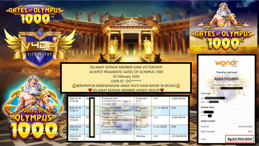 VICTORY4DP JACKPOT PRAGMATIC GATES OF OLYMPUS 1000 Rp.23.700.000,- LUNAS