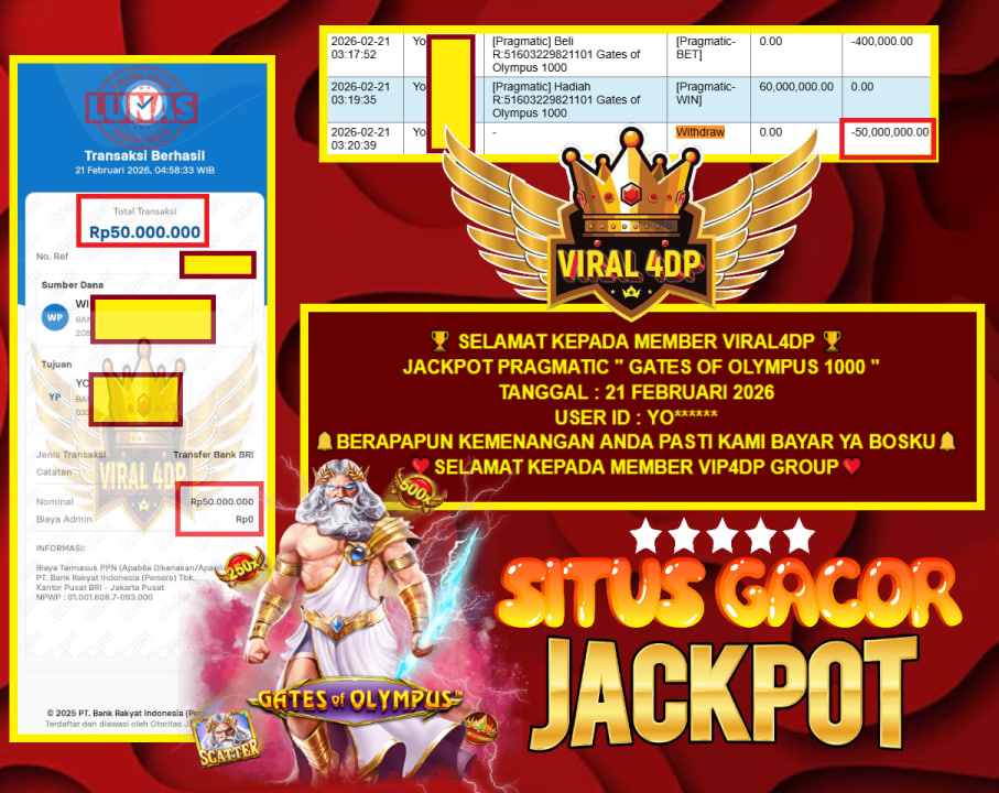 VIRAL4DP JACKPOT PRAGMATIC ” GATES OF OLYMPUS 1000 ” Rp.50.000.000,- LUNAS