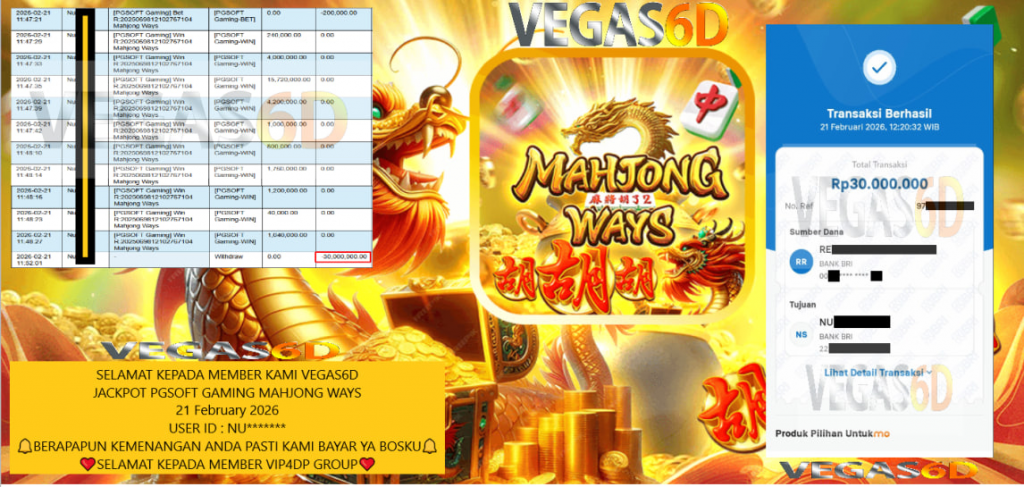VEGAS6D JACKPOT PGSOFT GAMING MAHJONG WAYS Rp.30.000.000,- LUNAS