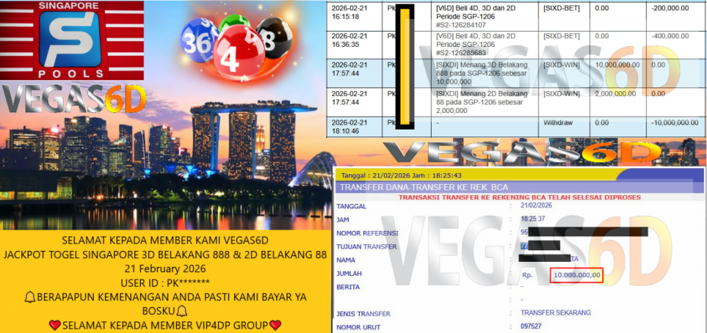 VEGAS6D JACKPOT TOGEL SINGAPORE 3D BELAKANG 888 & 2D BELAKANG 88 Rp.10.000.000,- LUNAS