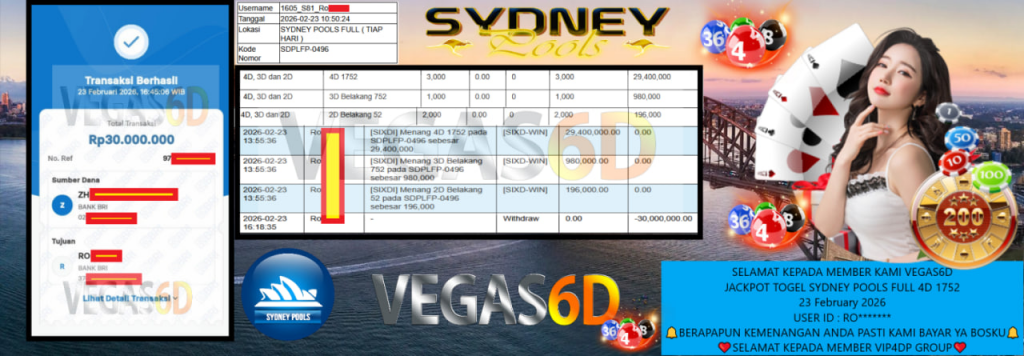 VEGAS6D JACKPOT TOGEL SYDNEY POOLS FULL 4D 1752 Rp.30.000.000,- LUNAS