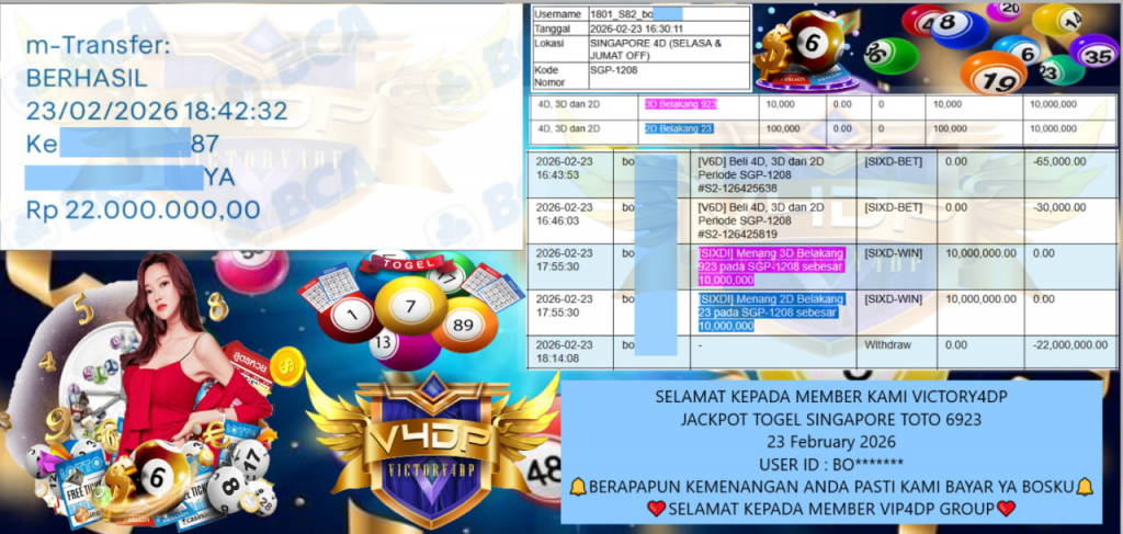 VICTORY4DP JACKPOT TOGEL SINGAPORE TOTO 6923 Rp.22.000.000,- LUNAS