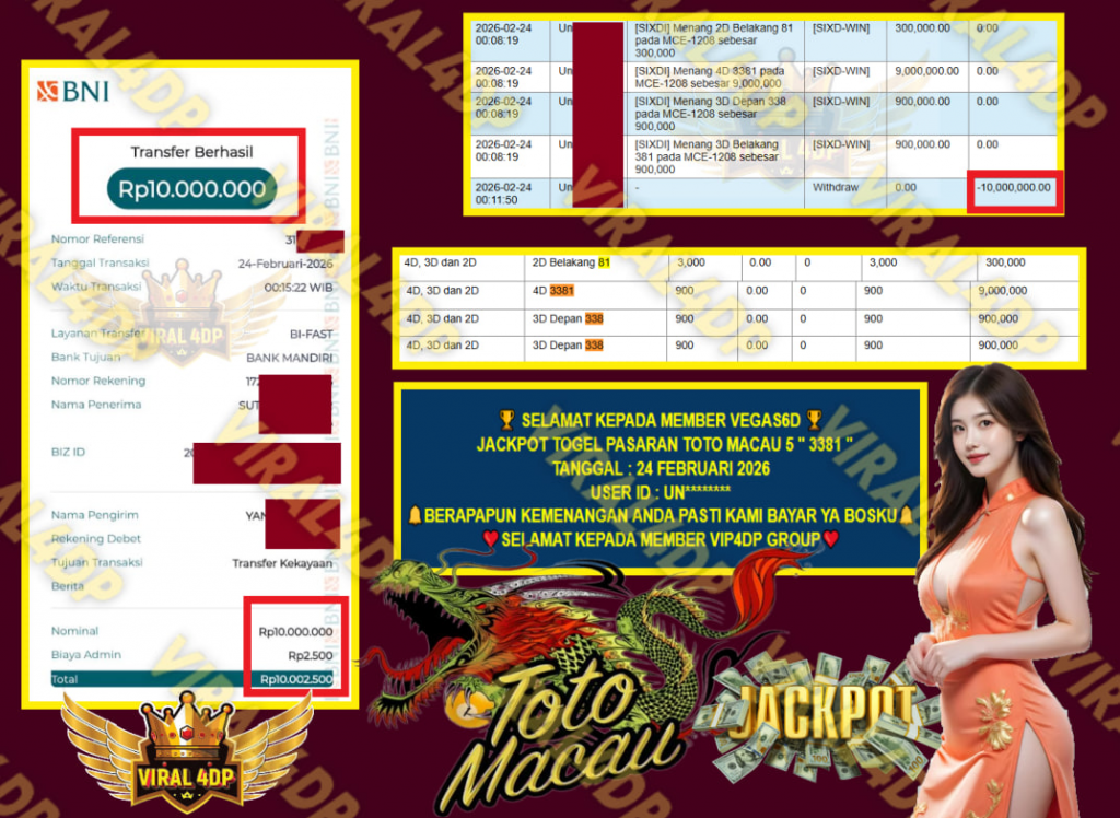 VIRAL4DP JACKPOT TOGEL PASARAN TOTO MACAU 5 ” 3381 ” Rp.10.000.000,- LUNAS