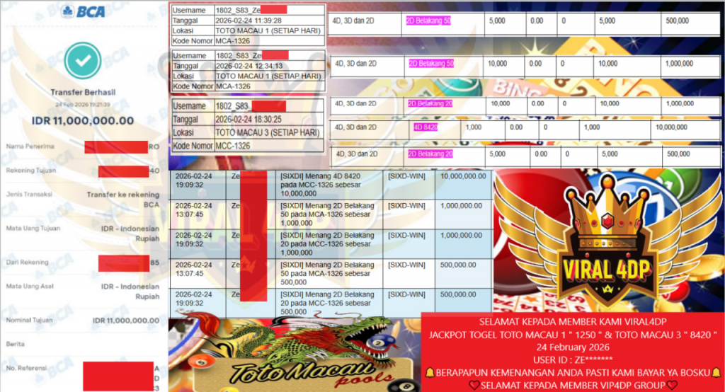 VIRAL4DP JACKPOT TOGEL TOTO MACAU 1 ” 1250 ” & TOTO MACAU 3 ” 8420 ” Rp.11.000.000,- LUNAS