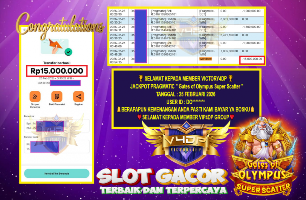 VICTORY4DP JACKPOT PRAGMATIC ” Gates of Olympus Super Scatter ” Rp.15.000.000,- LUNAS