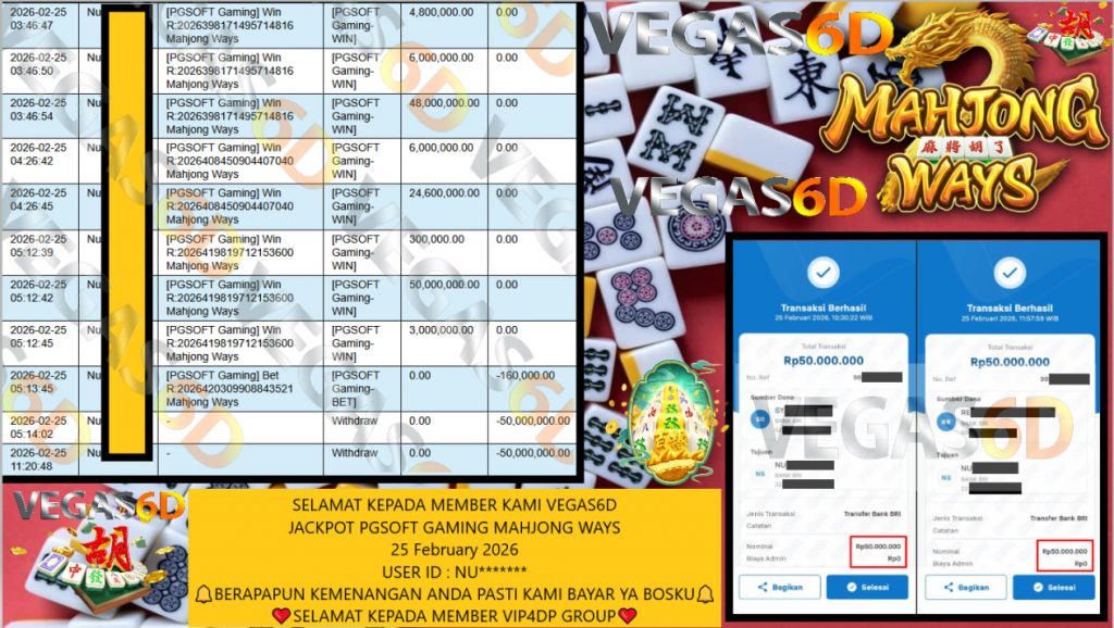 VEGAS6D JACKPOT PGSOFT GAMING MAHJONG WAYS Rp.100.000.000,- LUNAS