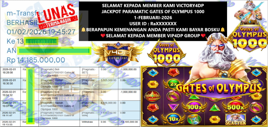 VICTORY4DP JACKPOT PRAGMATIC GATES OF OLYMPUS 1000 Rp.14.185.000,- LUNAS